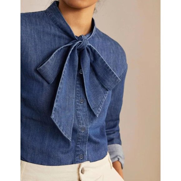 BODEN Fiona Indigo Cotton Denim Tie Neck Button Down Shirt Top, Size 12 - Picture 5 of 15